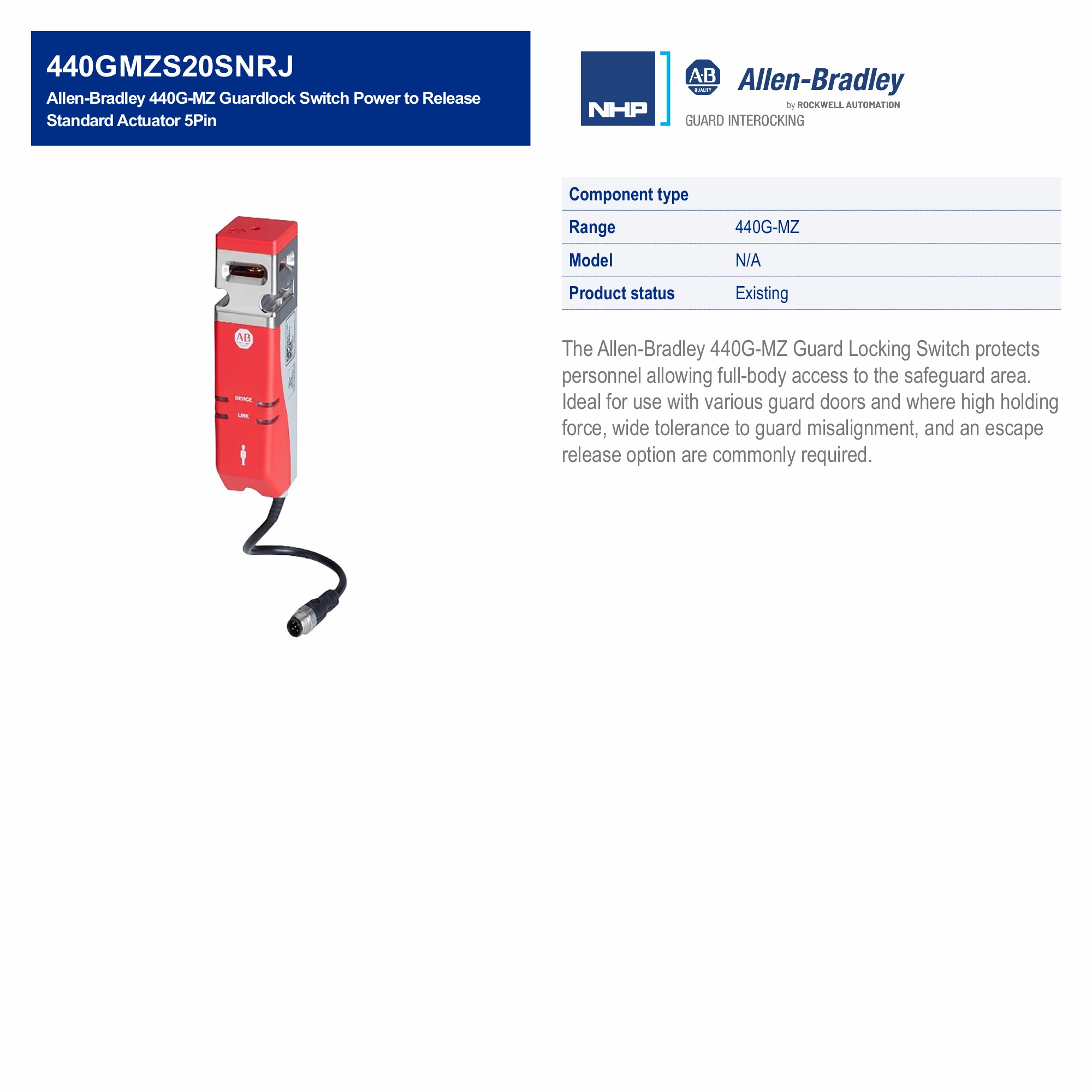 Allen-Bradley 440G-MZ Guardlock Switch Power to Release Standard