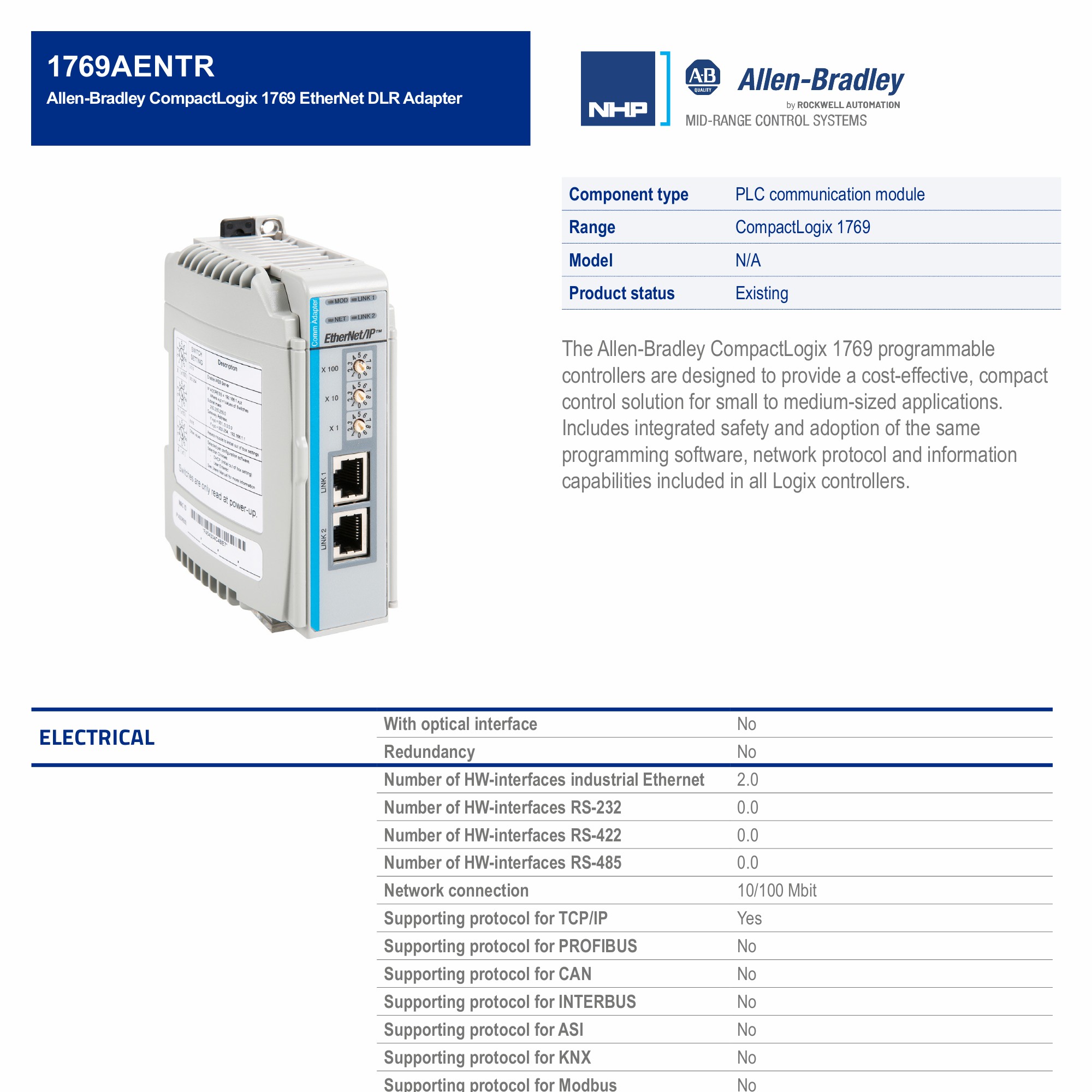 Allen-Bradley CompactLogix 1769 EtherNet DLR Adapter