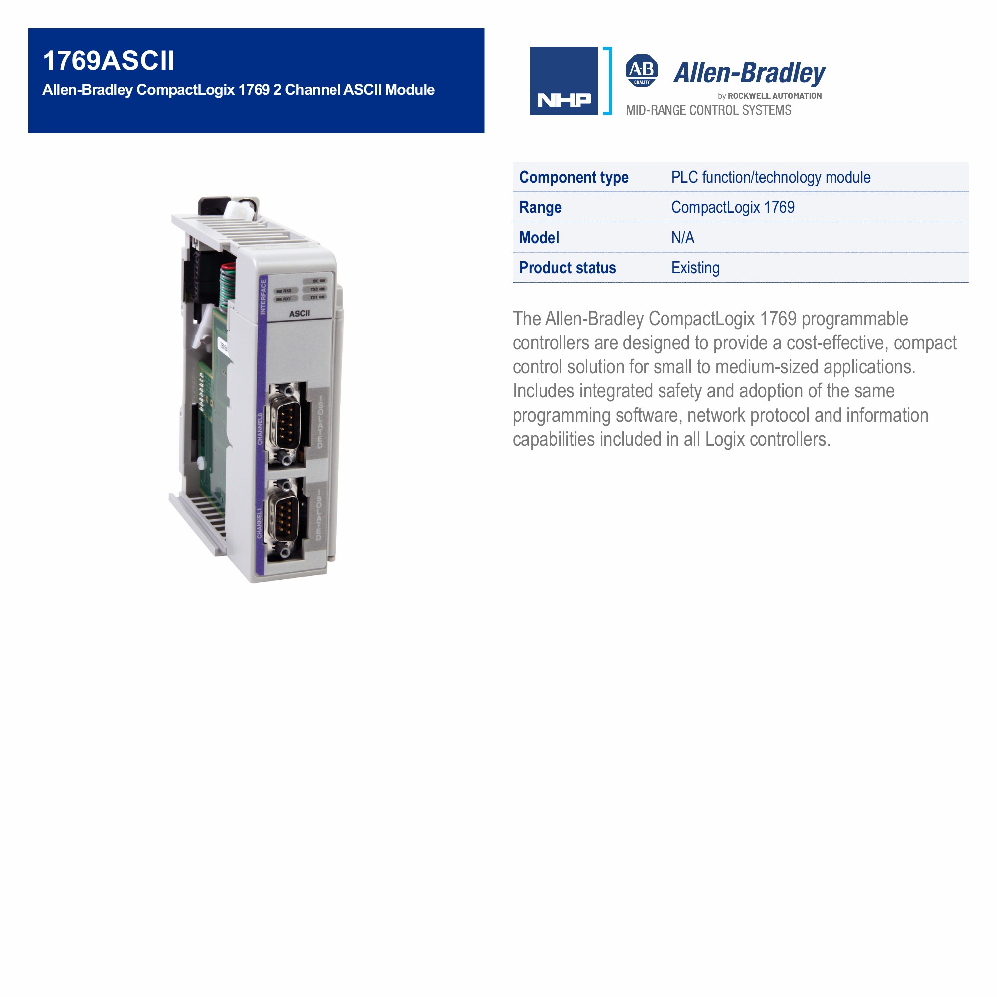 Allen-Bradley CompactLogix 1769 2 Channel ASCII Module