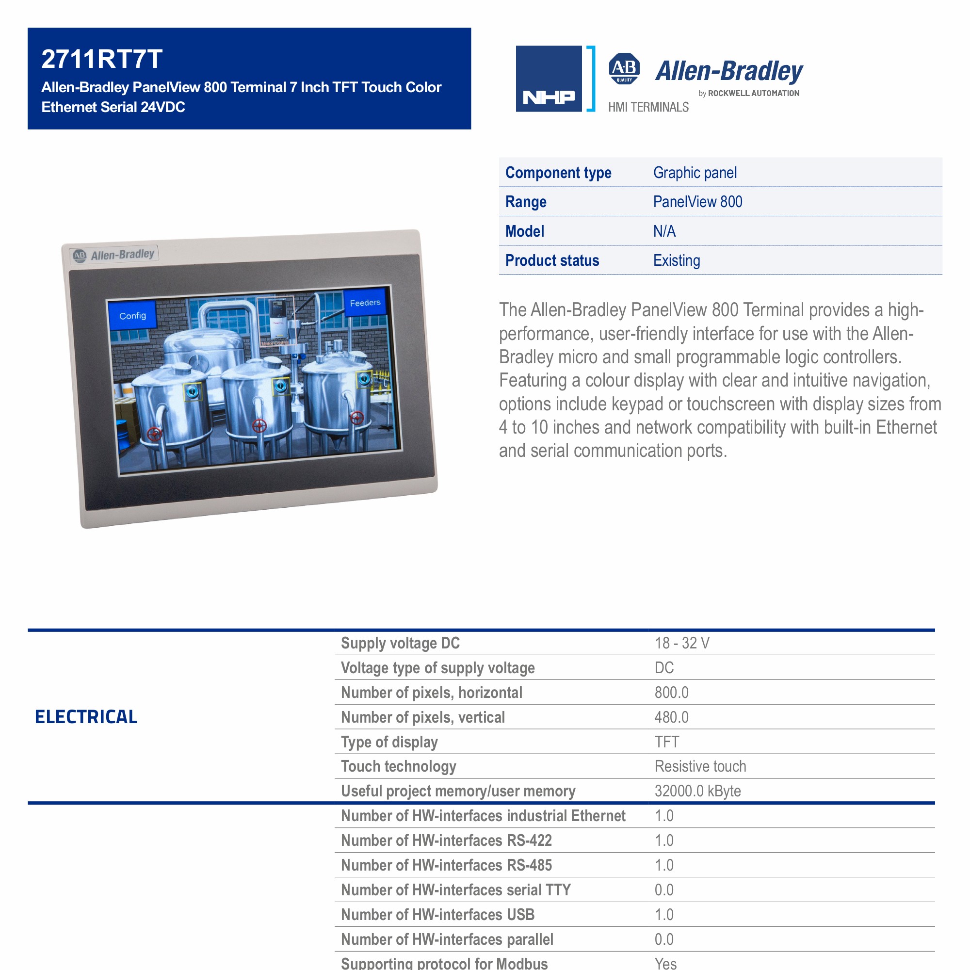 Allen-Bradley PanelView 800 Terminal 7 Inch TFT Touch Color