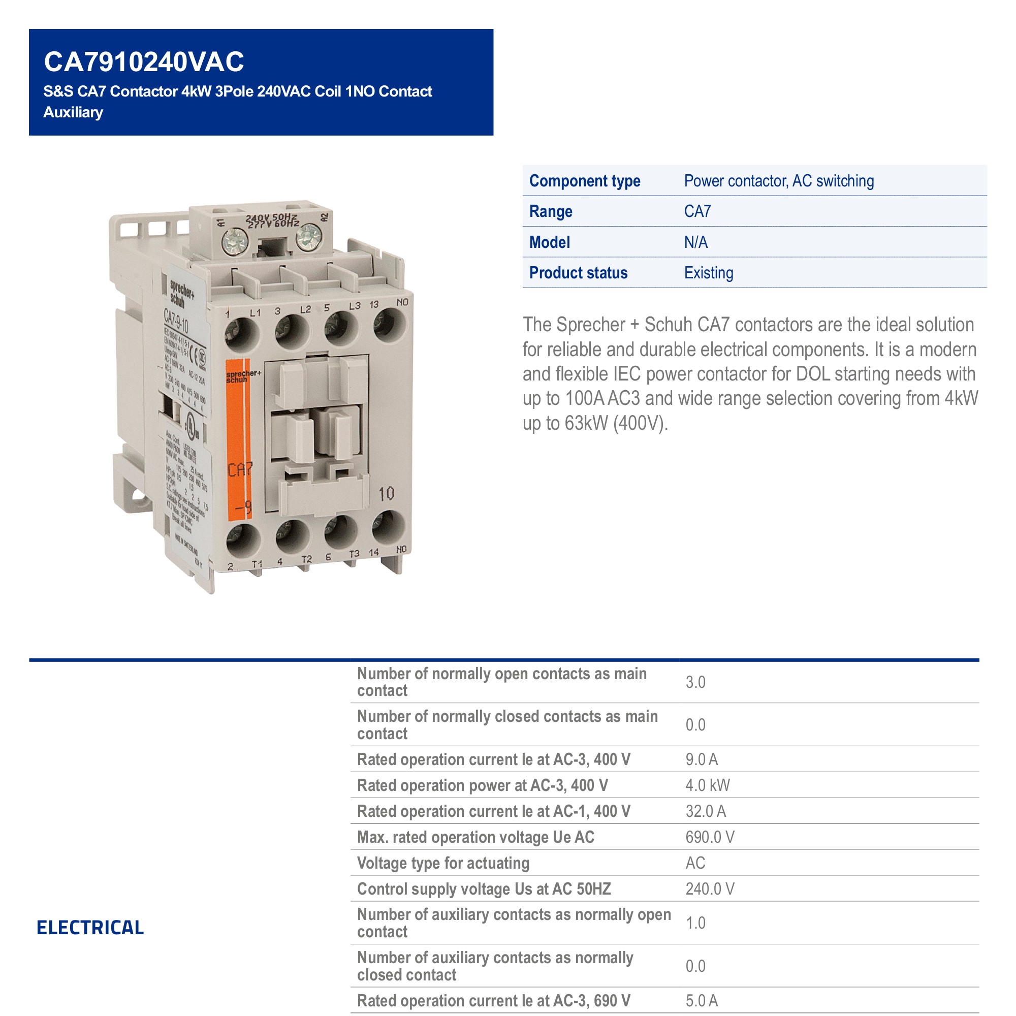 S&S CA7 Contactor 4kW 3Pole 240VAC Coil 1NO Contact Auxiliary