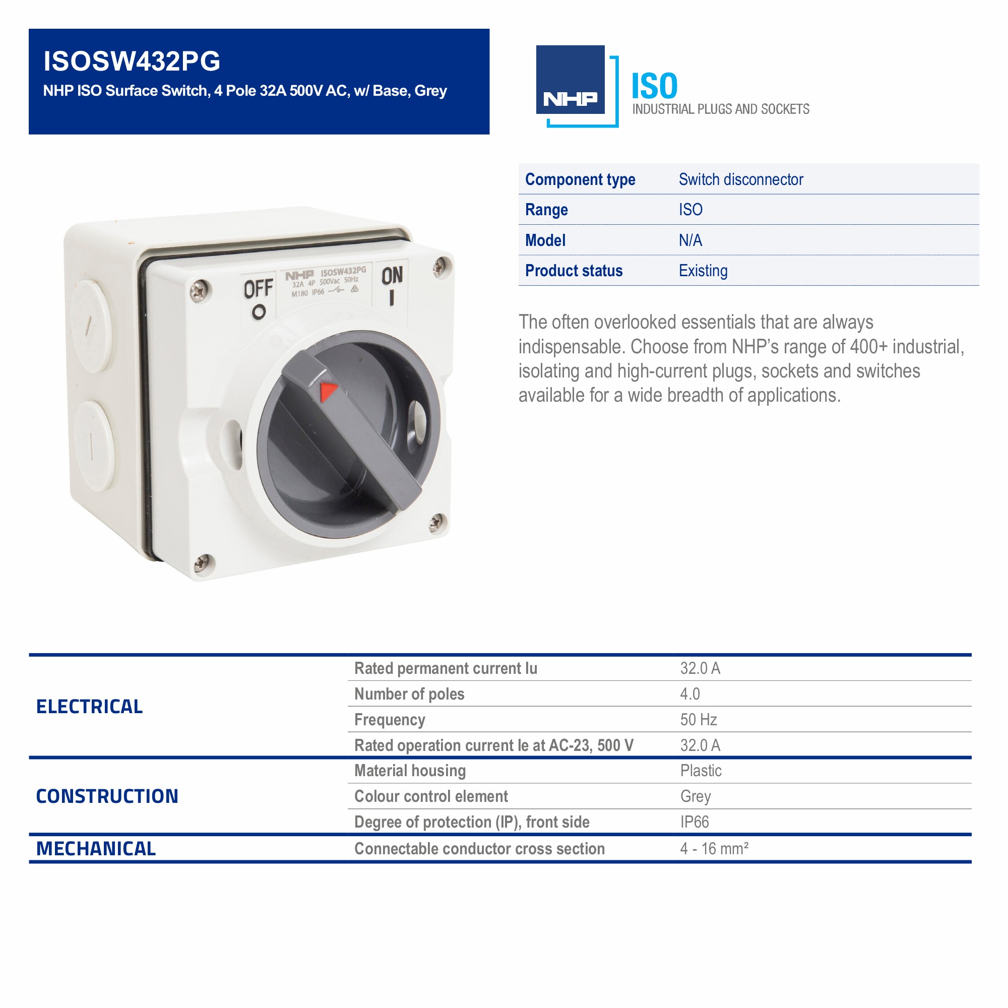 NHP NLINE Enclosed DC Isolating Switch, IP66NW Plastic, 4 Pole 32A 1500V DC  (DC-PV2)
