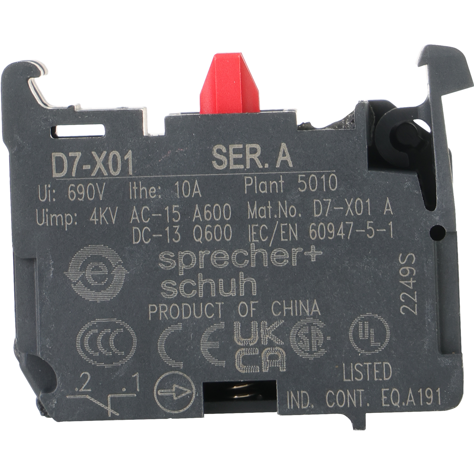 Sprecher and Schuh D7 Contact Block 1 NC for 22.5 mm