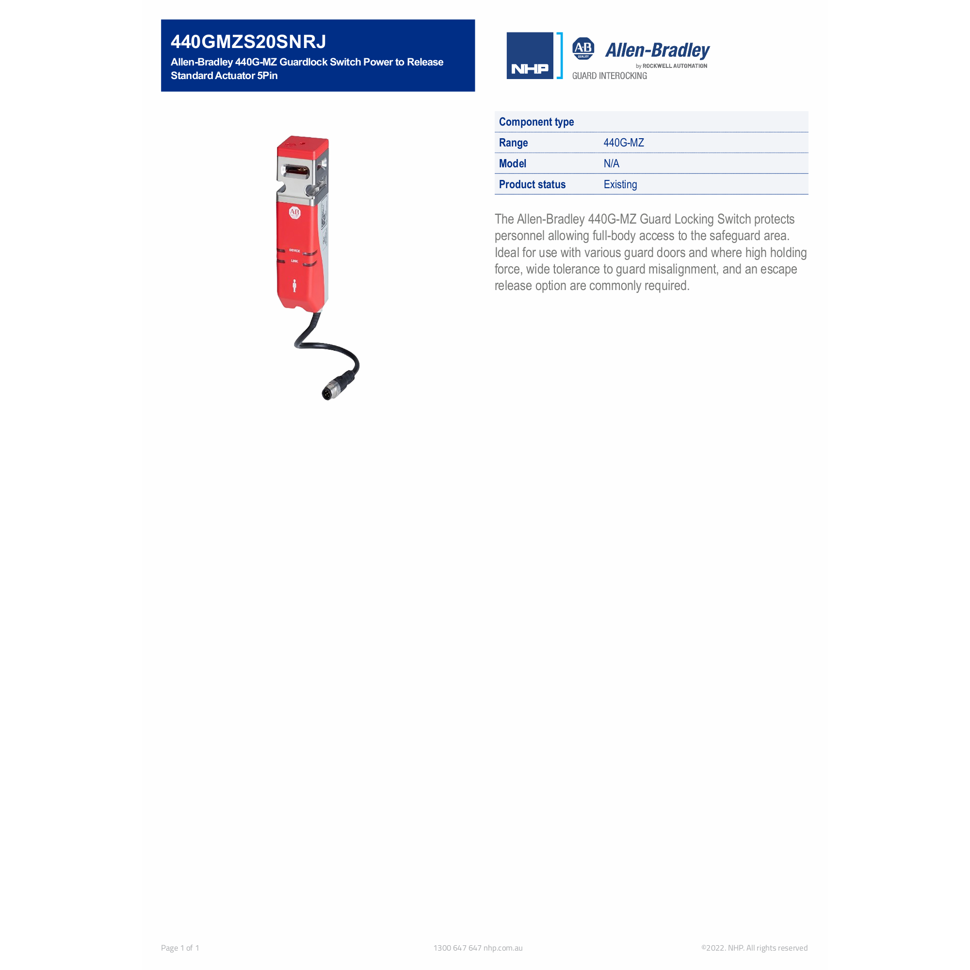 Allen-Bradley 440G-MZ Guardlock Switch Power to Release Standard