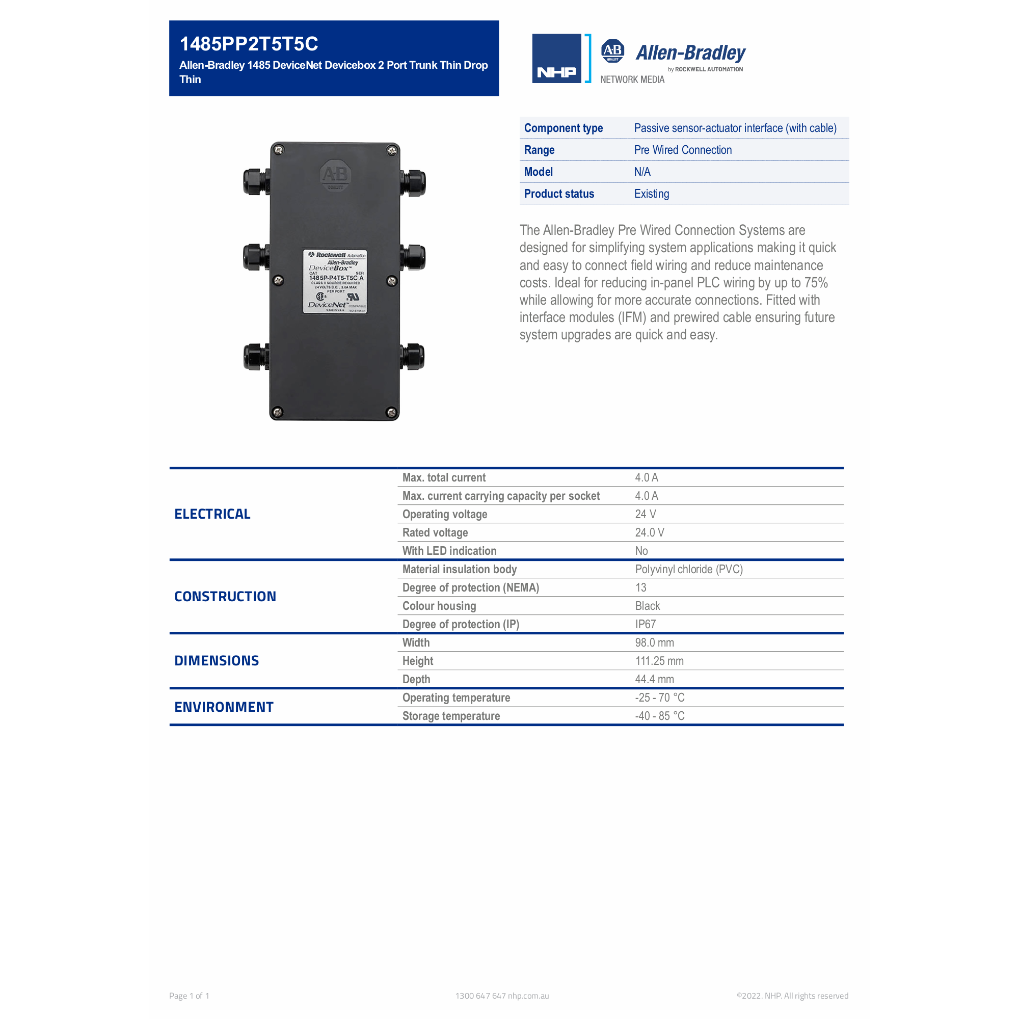 Allen-Bradley 1485 DeviceNet Devicebox 2 Port Trunk Thin Drop Thin