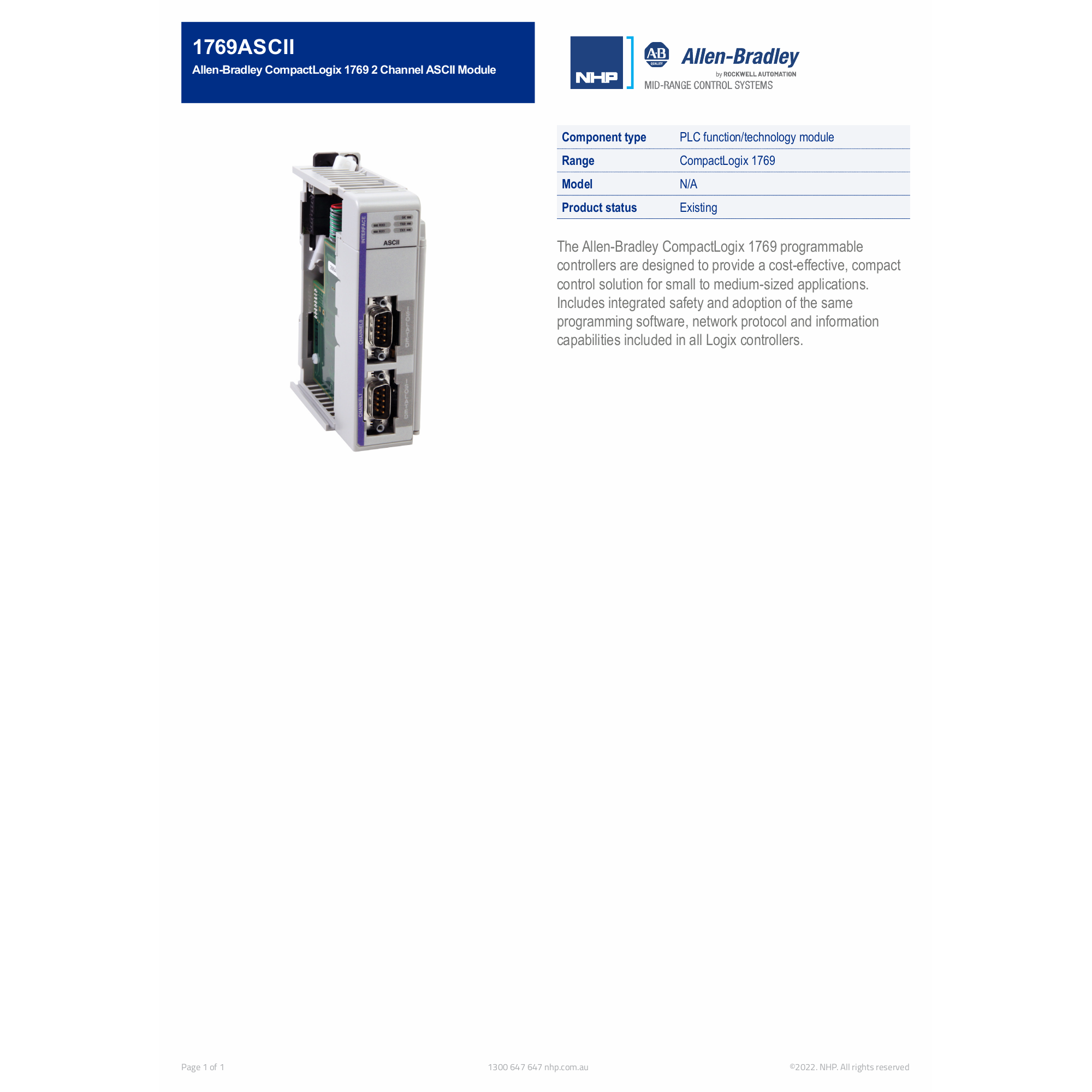 Allen-Bradley CompactLogix 1769 2 Channel ASCII Module