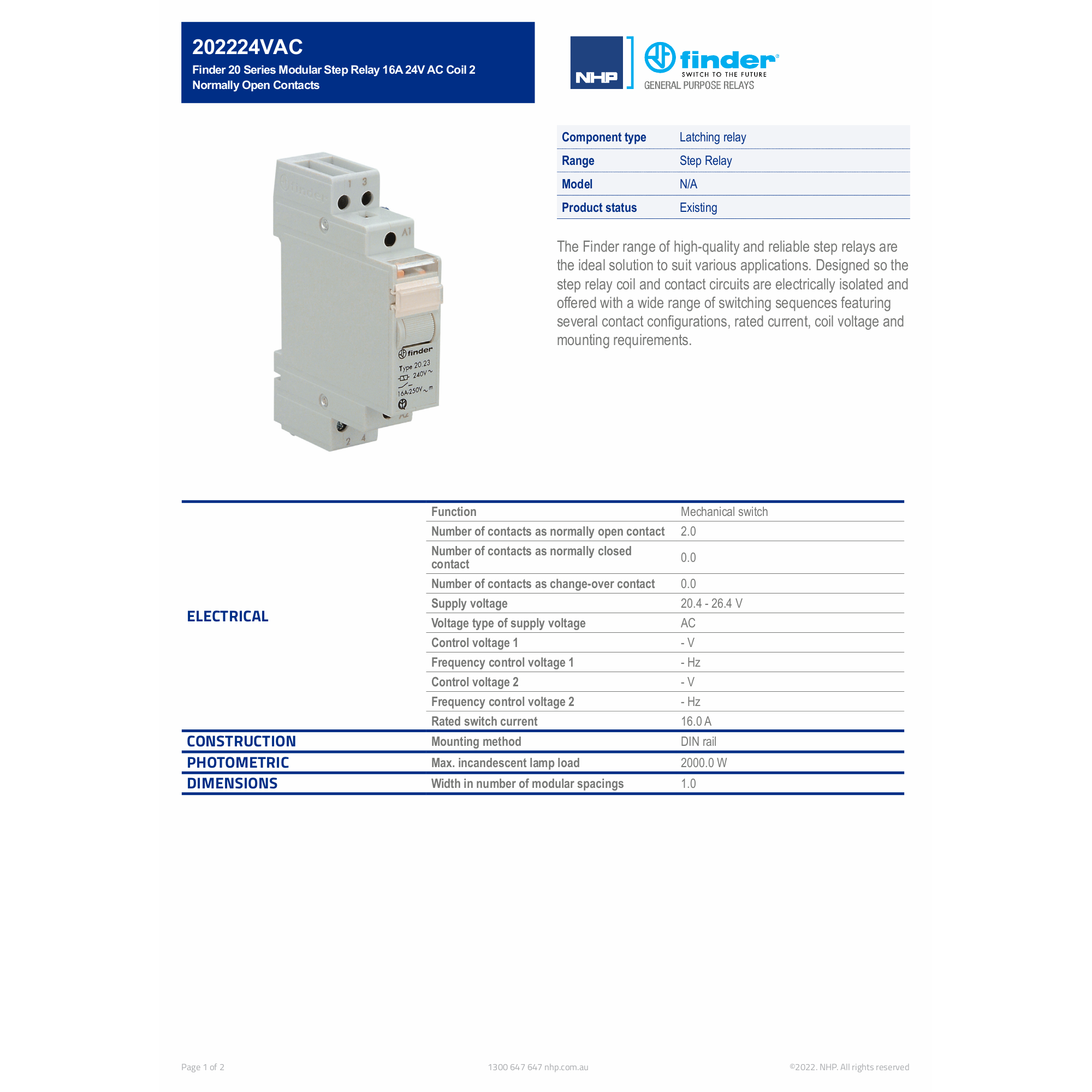 Finder 20 Series Modular Step Relay 16A 24V AC Coil 2 Normally Open Contacts