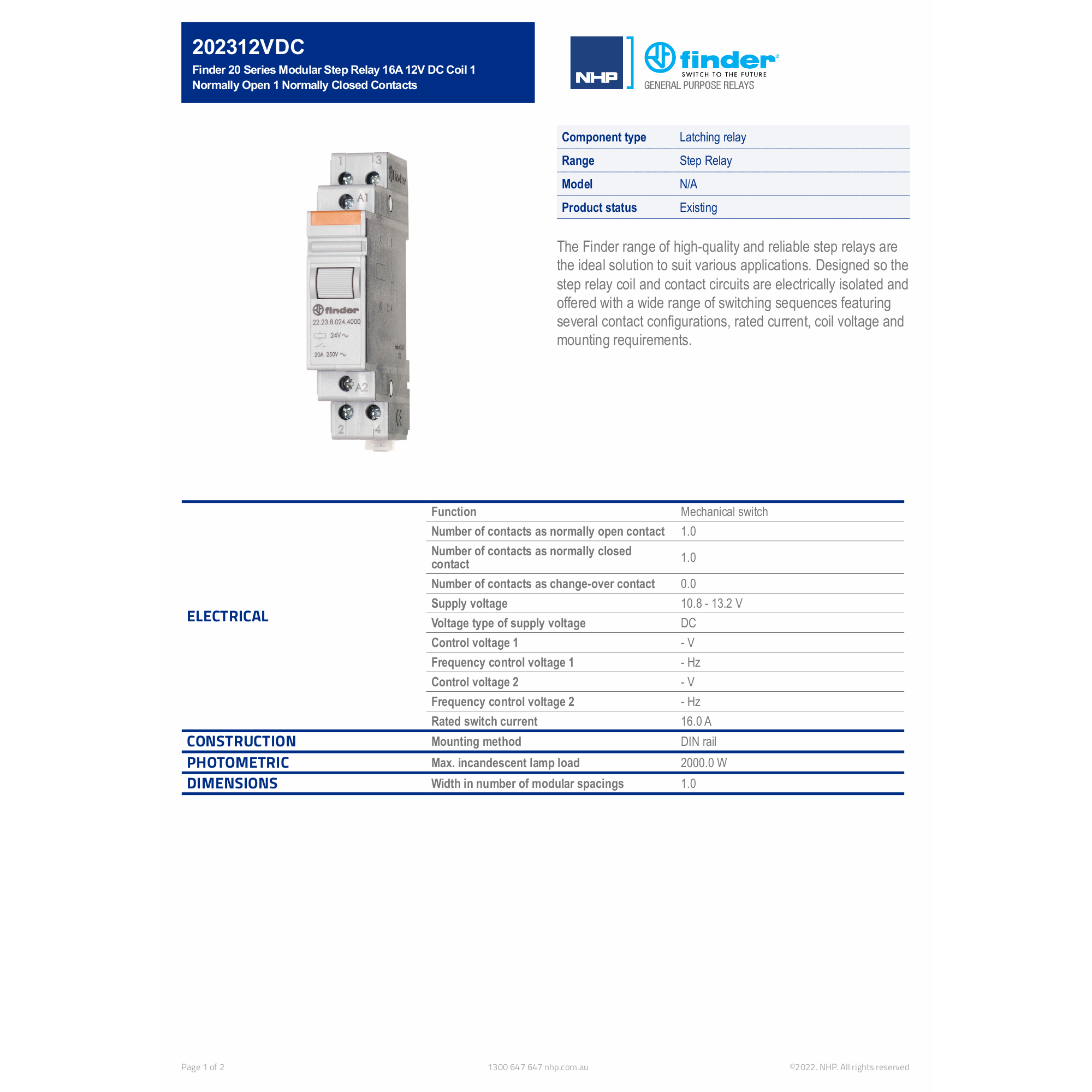 Finder 20 Series Modular Step Relay 16A 12V DC Coil 1 Normally Open 1  Normally Closed Contacts