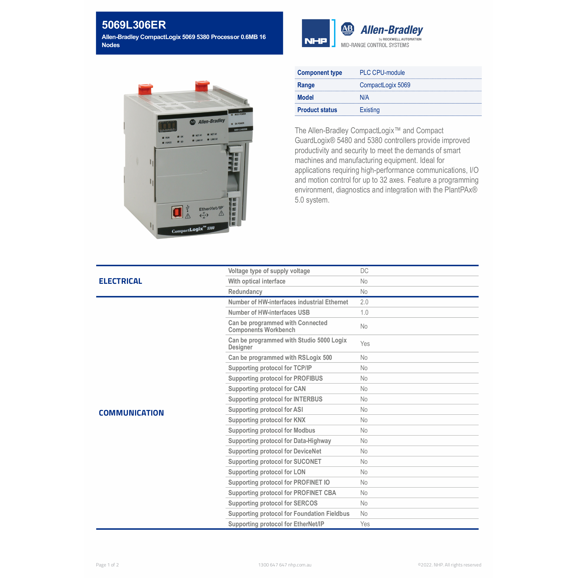 Allen-Bradley CompactLogix 5069 5380 Processor 0.6MB 16 Nodes