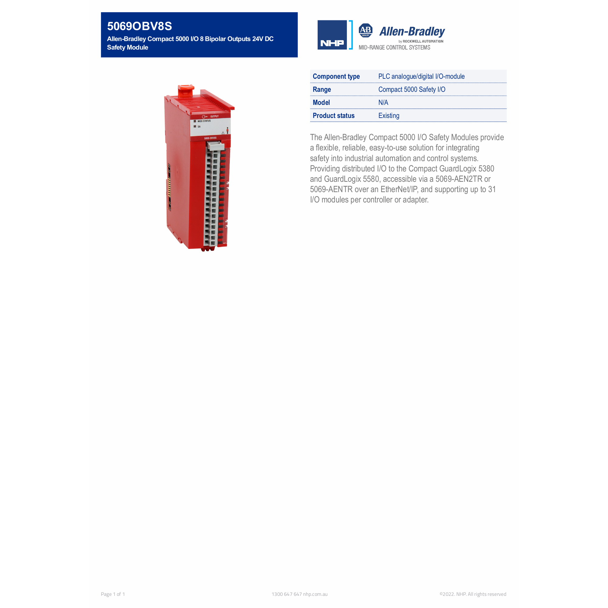 Allen-Bradley Compact 5000 I/O 8 Bipolar Outputs 24V DC Safety Module