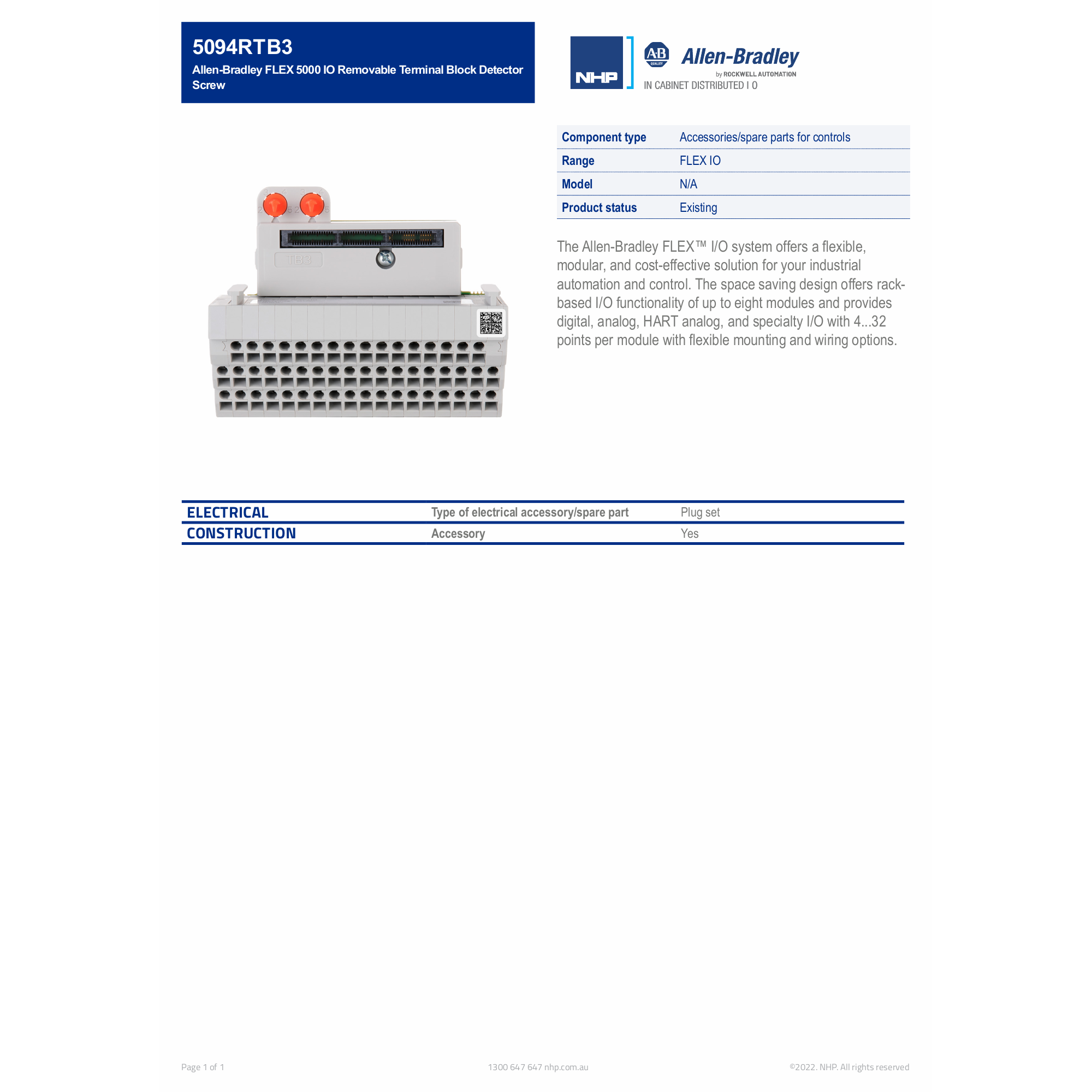 Allen-Bradley FLEX 5000 IO Removable Terminal Block Detector Screw