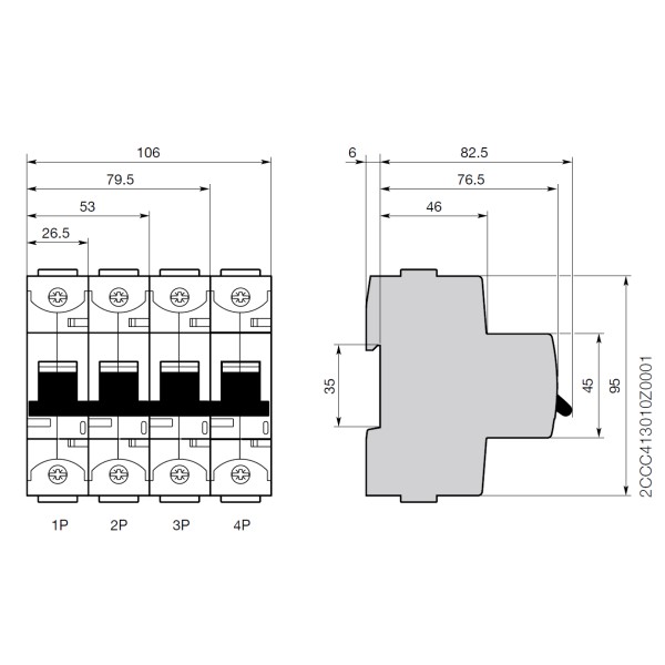 DTCB10H2100C Miniature Circuit Breaker Dimensional Diagram