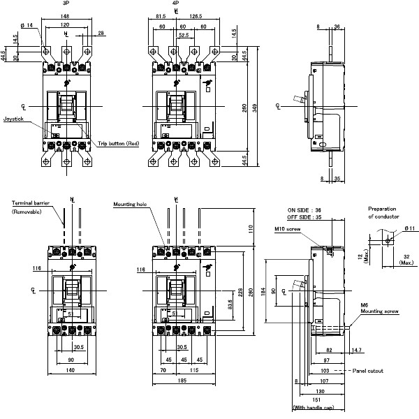 P400F3400SE Moulded Case Circuit Breaker Dimensional Diagram
