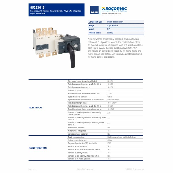 Socomec ATyS Remote Transfer Switch - ATyS r, No Integrated Logic 